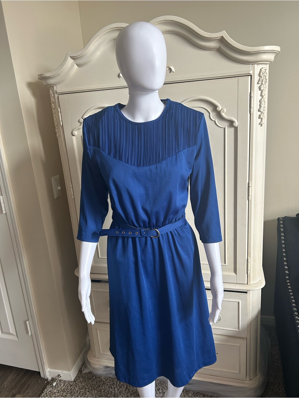 1980s Blair Royal Blue Pleated Yoke Belted Midi Dress